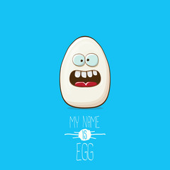 white egg cartoon characters isolated on blue background. My name is egg vector concept illustration. funky farm food or easter character with eyes
