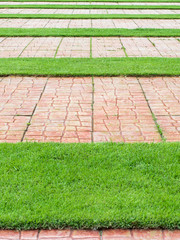 Red pathways with strips lawn backyard. Copy space for text or image.