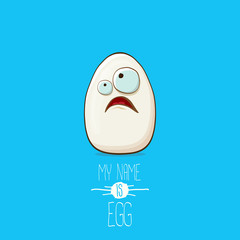 white egg cartoon characters isolated on blue background. My name is egg vector concept illustration. funky farm food or easter character with eyes