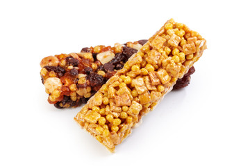 Healthy granola munchies on white background