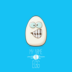 white egg cartoon characters isolated on blue background. My name is egg vector concept illustration. funky farm food or easter character with eyes