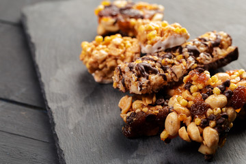 Granola bar on wooden background