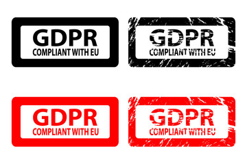 GDPR compliant with EU (General Data Protection Regulation) - rubber stamp - vector - black and red, 