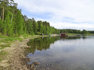 Summer landscape: a sunny day on the shore of a forest lake