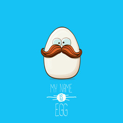 white egg cartoon characters isolated on blue background. My name is egg vector concept illustration. funky farm food or easter character with eyes