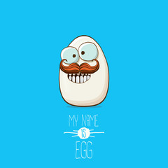 white egg cartoon characters isolated on blue background. My name is egg vector concept illustration. funky farm food or easter character with eyes