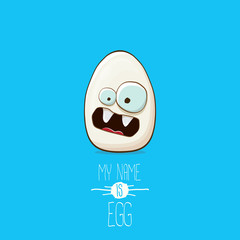 white egg cartoon characters isolated on blue background. My name is egg vector concept illustration. funky farm food or easter character with eyes