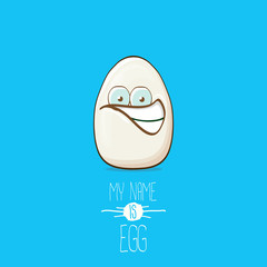 white egg cartoon characters isolated on blue background. My name is egg vector concept illustration. funky farm food or easter character with eyes