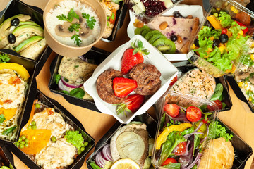 A lot of cardboard boxes with food