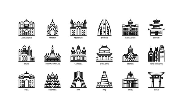 Asian cities landmarks icons set 1