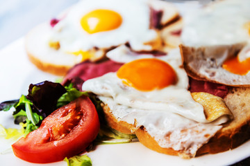 Egg and fries - classical english breakfast with egg and fries