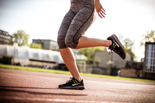 Close up image of woman leg running. On the move.