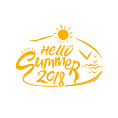 Fototapeta na wymiar Hello Summer 2018. Vector laconic template with the sun and sea gulls. Handwritten symbolsummer vacation time.
