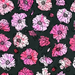 Türaufkleber Black Board Background. Seamless Pattern Watercolor Wild Rose Pink Flower. Dog Rose, Briar Leaf. Botanical Painting. Realistic Hand Drawn Illustration. Savoyar Doodle Style. © Nika Novikova