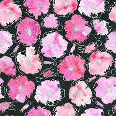 Black Board Background. Seamless Pattern Watercolor Wild Rose Pink Flower. Dog Rose, Briar Leaf. Botanical Painting. Realistic Hand Drawn Illustration. Savoyar Doodle Style.