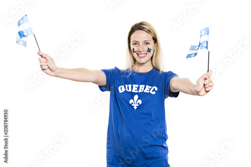Woman celebrates the national holiday in studio white background