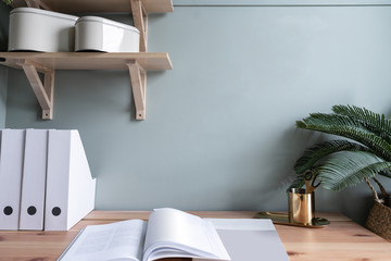 Cozy working space with wooden table ,wooden shelf and artificial plant in the back / Cozy Interior concept /Gold Decoration