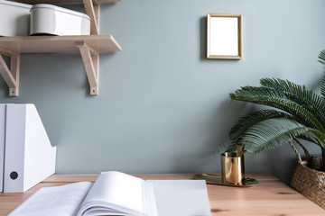 Cozy working space with wooden table ,wooden shelf and artificial plant in the back / Cozy Interior...