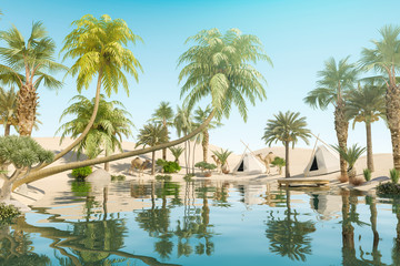Fototapeta na wymiar Oasis and Palm Trees in Desert and Traveler Camps, 3D Rendering