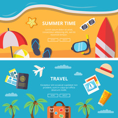 Horizontal banners with summer time pictures and travel symbols