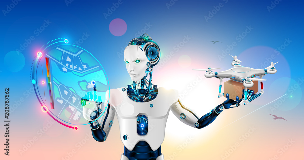 Poster Man robot or Cyborg with artificial intelligence launches drone in the point on virtual hud map. Automated intellectual delivery system packages by autonomous drone. Future concept illustration.