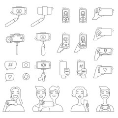 Mono line pictures of various tools for self photography. Selfie concept illustrations