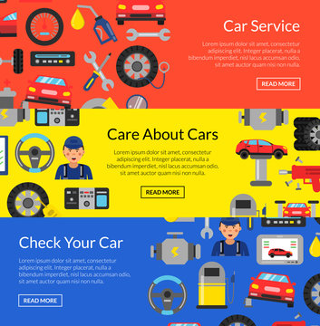 Vector horizontal web banners illustration with flat style car service elements