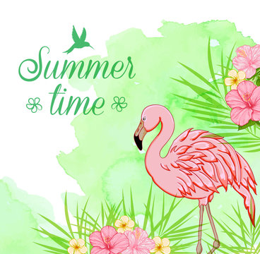 Green watercolor background with flamingo