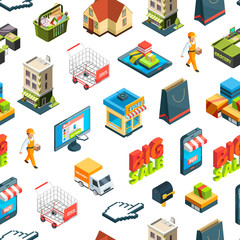 Obraz premium Vector isometric online shopping icons background or pattern illustration