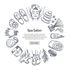 Fototapeten Vector hand drawn spa elements in circle form with place for text in center illustration © ONYXprj