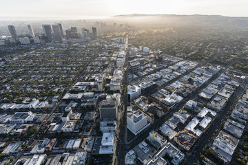 Aerial view of Wilshire Blvd in Beverly Hills with Century City and West Los Angeles in background.