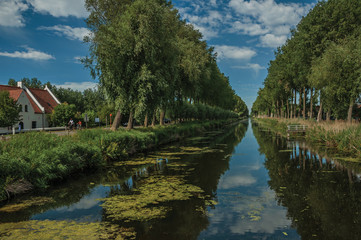 Fototapeta na wymiar Houses, bushes and grove along canal with sky reflected on water, in the late afternoon and blue sky, near Damme. A quiet and charming countryside old village near Bruges. Northwestern Belgium.