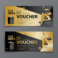 Vector gift voucher template. Universal flyer for business. Luxury vector design, black gold design elements. Gift voucher value 500 dollars for department stores, business. Abstract background - obrazy, fototapety, plakaty