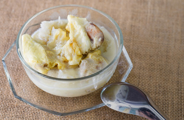 Durian with coconut milk and sticky rice in glass bowl, Popular thai dessert