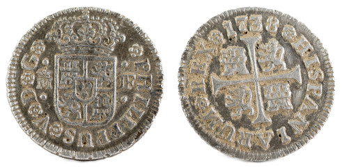 Ancient Spanish silver coin of the King Felipe V. 1738. Coined in Madrid. Medio real.