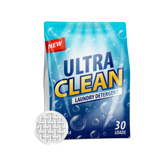 White package with label design. Laundry detergent package template. Chemical pack vector 3d illustration