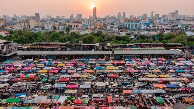 Sunset and twilight time at night market in Bangkok, Thailand.