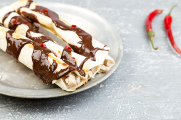 Mexican chicken enchiladas with chili chocolate salsa