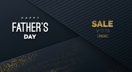 Happy Fathers Day. Vector holiday illustration. Abstract black background with paper layers and congratulation label. Fathers Day Sale banner or web layout design