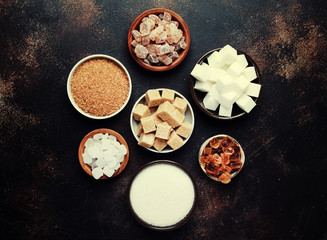 Different kinds of sugar in the assortment, top view