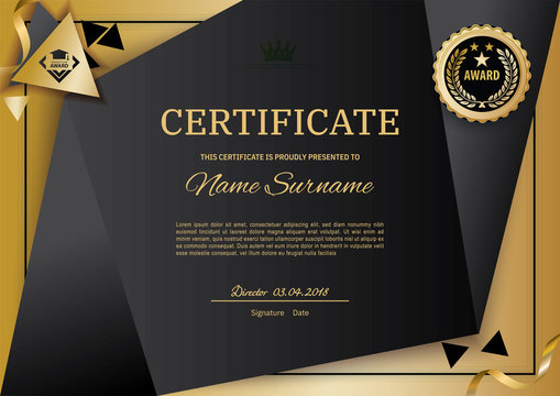 Official black certificate with gold design elements. emblem, gold text. Luxury background