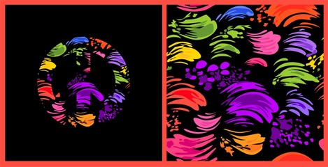 Abstract seamless black wallpaper with colorful brush strokes and hippie peace symbol with colorful splashed