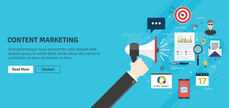 Content marketing, advertising and communication in business, digital content promotion. Hand holding megaphone with smartphone, email, people and target icons. Flat design vector illustration.