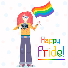 Nice Gay Pride postcard illustration. A happy redhaired white Caucasian girl standing with rainbow lgbt flag and a camera in her hands. Suitable for web or printing.  