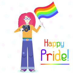Gay Pride vector illustration. Girl standing with rainbow lgbtq flag and a camera in her hands