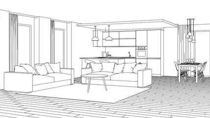 Modern house interior. Design project. Sketch. 3D rendering.