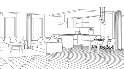 Modern house interior. Design project. Sketch. 3D rendering.