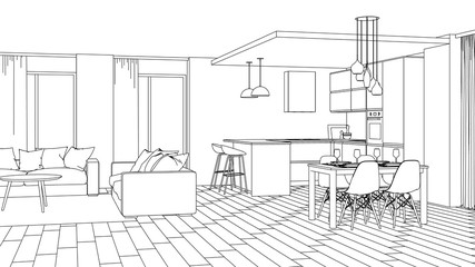 Modern house interior. Design project. Sketch. 3D rendering.