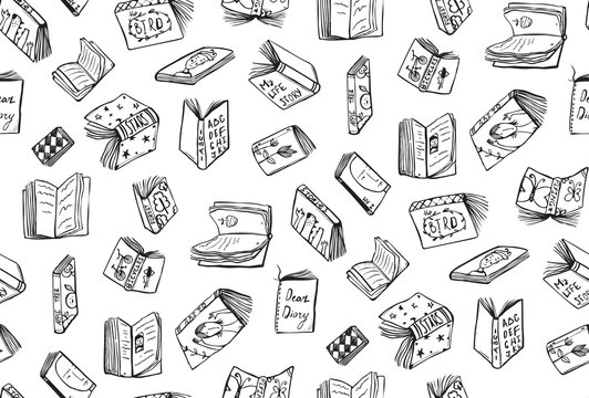Seamless background of hand drawn black and white outline literature covers illustration.