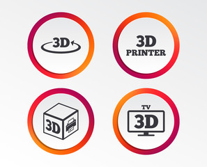 3d technology icons. Printer, rotation arrow sign symbols. Print cube. Infographic design buttons. Circle templates. Vector